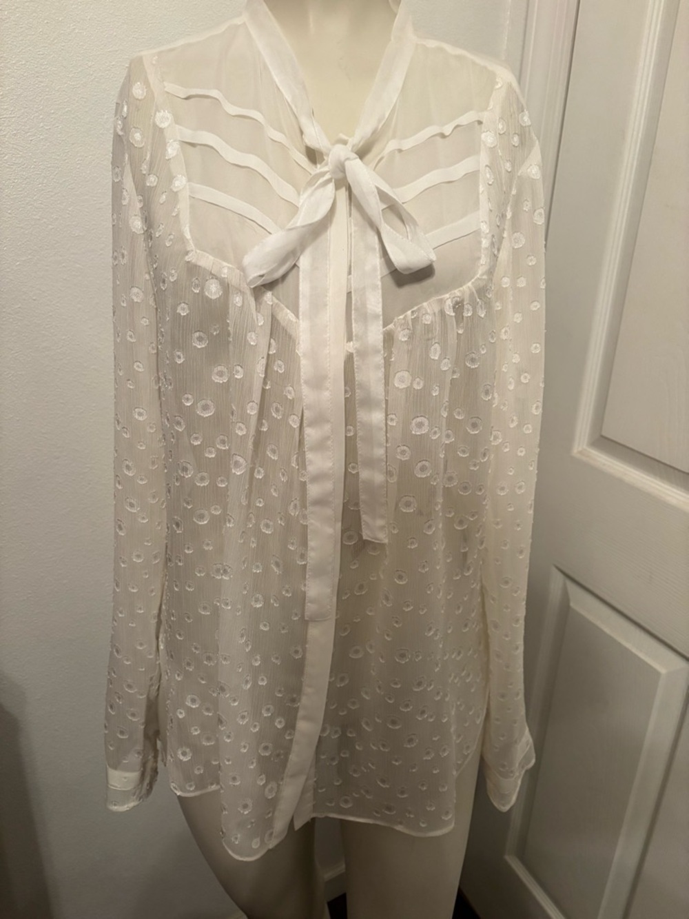 BCBG Paris White Sheer Swiss Dot Tie-Neck Blouse M